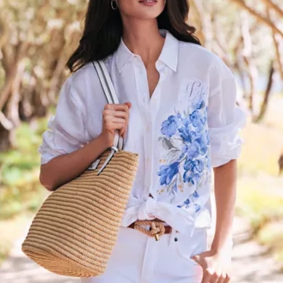 NWT Polo Lauren Ralph Lauren Oversize Floral Eyelet Logo Linen Shirt Size US XL - Picture 6 of 8